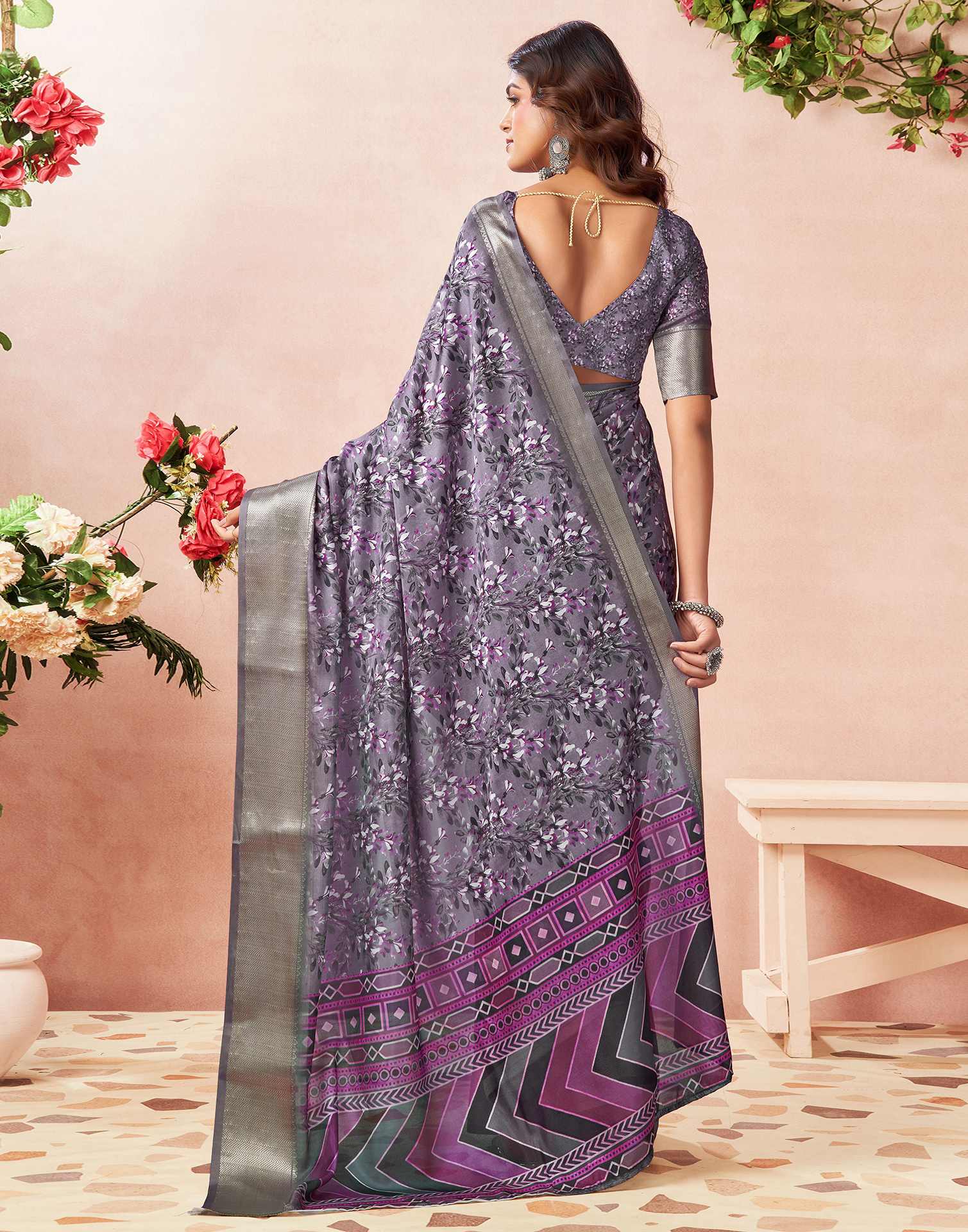 Dusty Purple Silk Floral Printed Saree