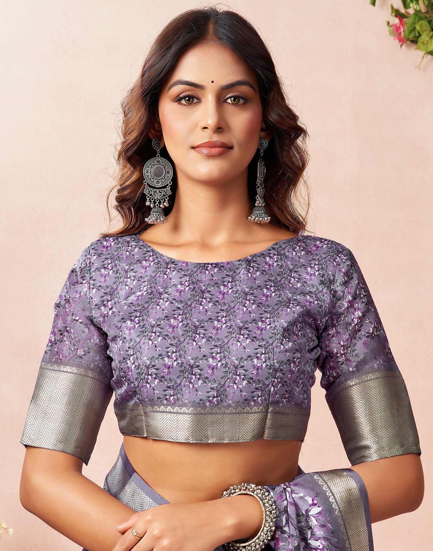 Dusty Purple Silk Floral Printed Saree