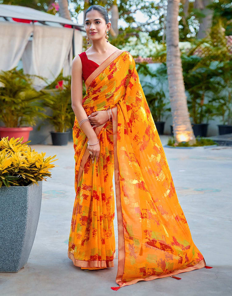 Orange Chiffon Printed Saree