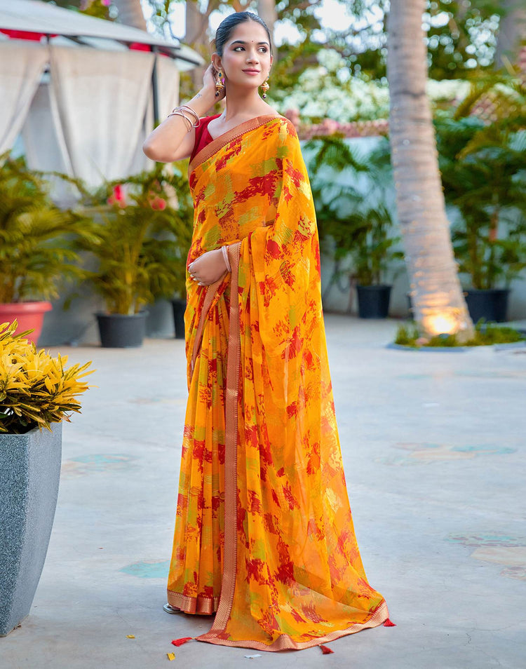 Orange Chiffon Printed Saree