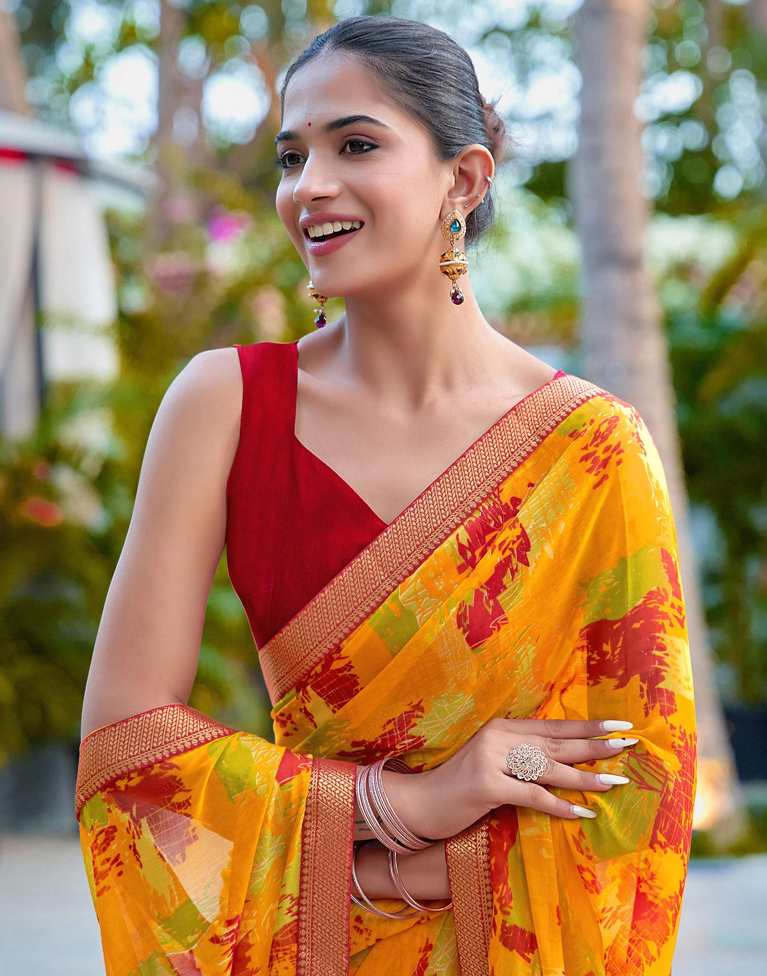 Orange Chiffon Printed Saree