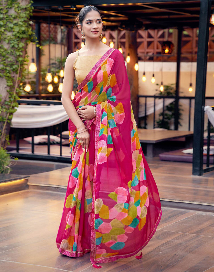 Rani Pink Chiffon Printed Saree