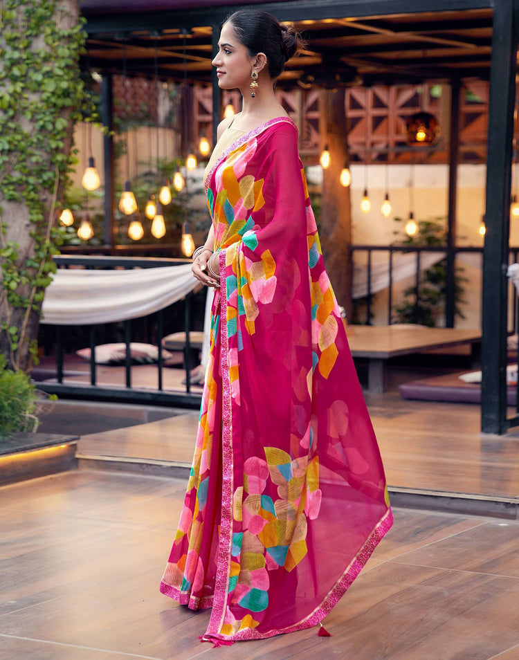 Rani Pink Chiffon Printed Saree