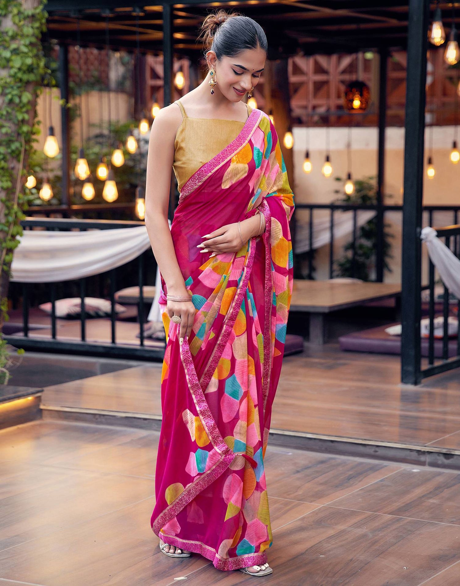 Rani Pink Chiffon Printed Saree