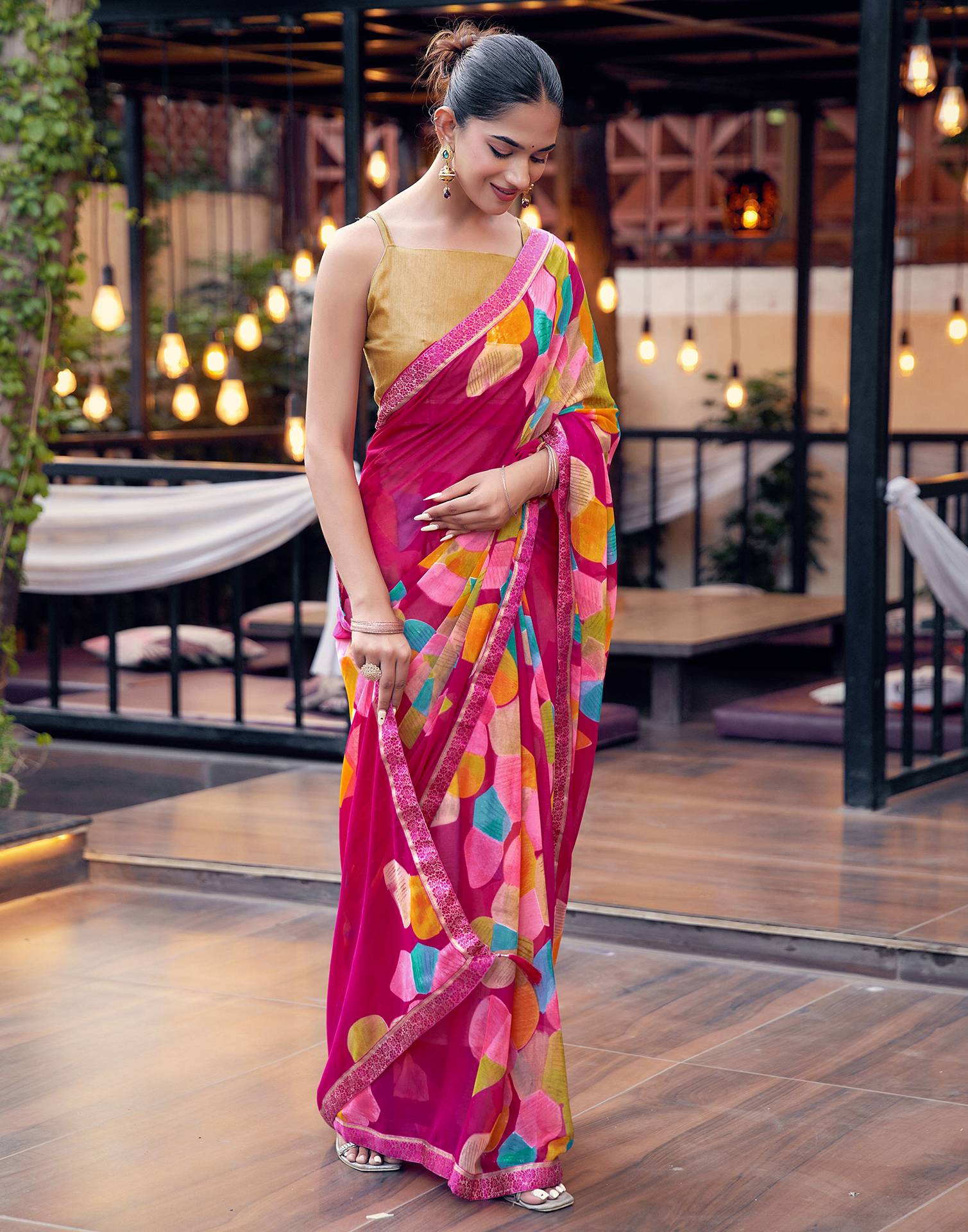 Rani Pink Chiffon Printed Saree