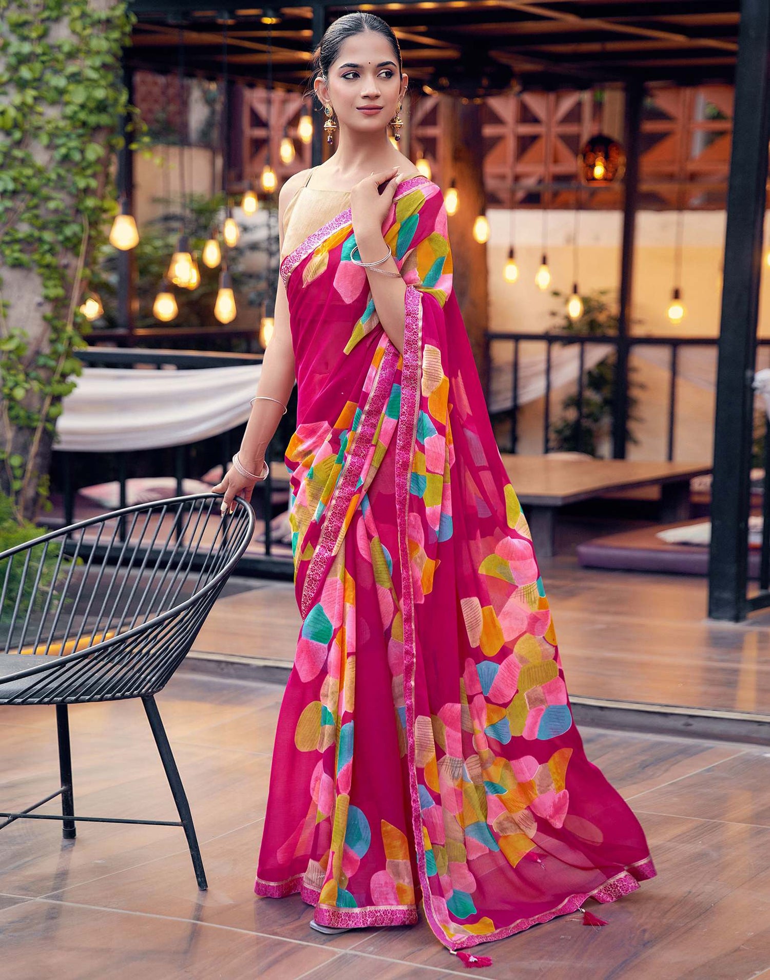 Rani Pink Chiffon Printed Saree