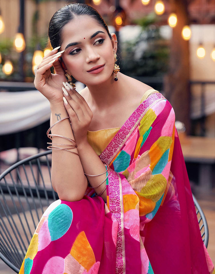 Rani Pink Chiffon Printed Saree