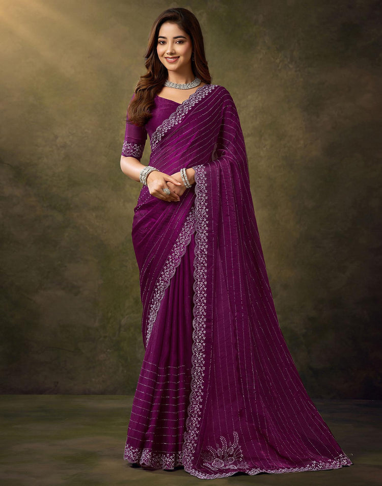 Dark Magenta Silk Stone Work Embellished Saree