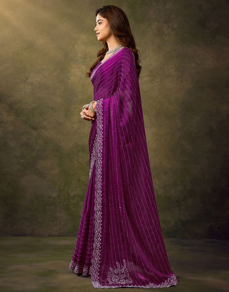 Dark Magenta Silk Stone Work Embellished Saree