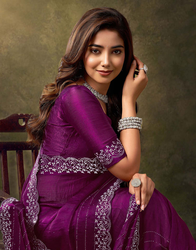 Dark Magenta Silk Stone Work Embellished Saree