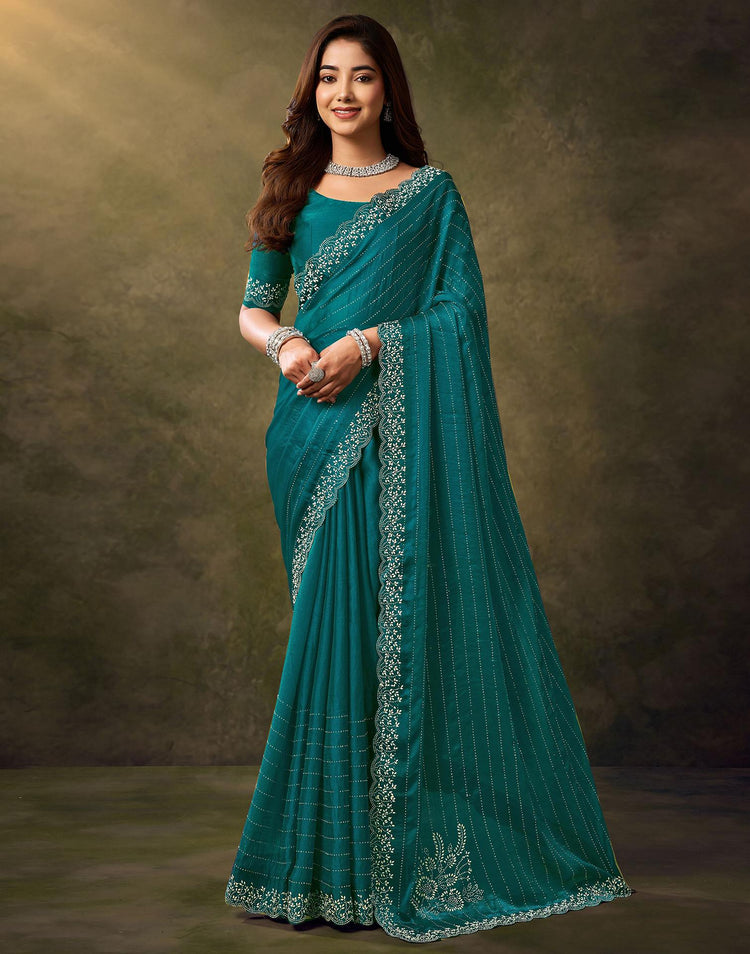 Teal Blue Silk Stone Work Embellished Saree
