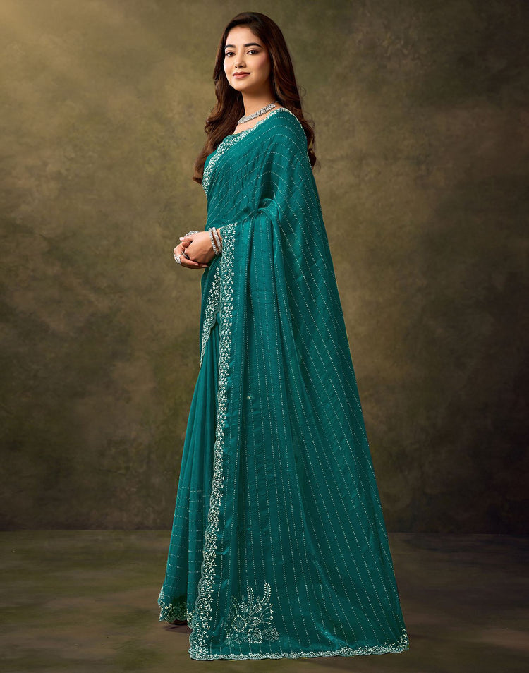 Teal Blue Silk Stone Work Embellished Saree