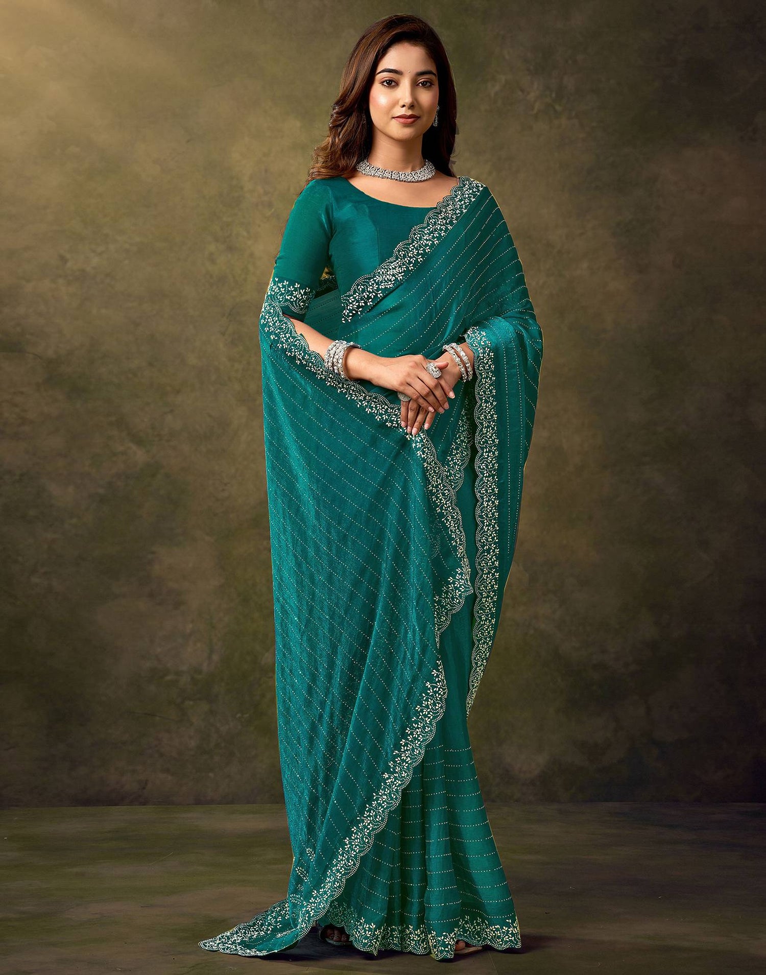 Teal Blue Silk Stone Work Embellished Saree