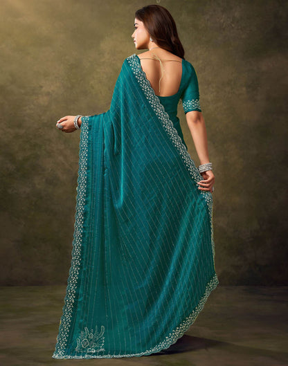 Teal Blue Silk Stone Work Embellished Saree