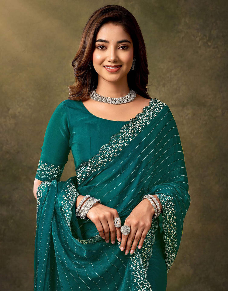 Teal Blue Silk Stone Work Embellished Saree