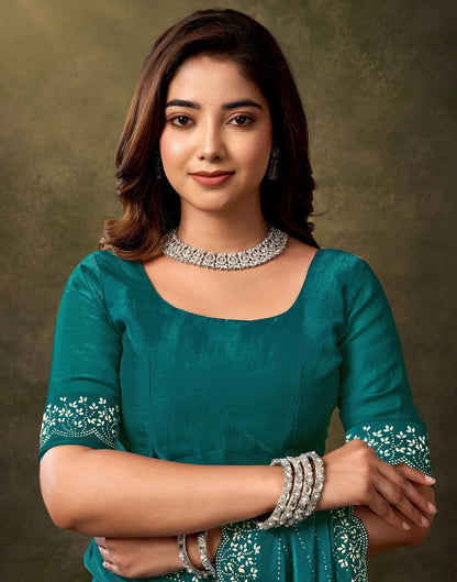 Teal Blue Silk Stone Work Embellished Saree