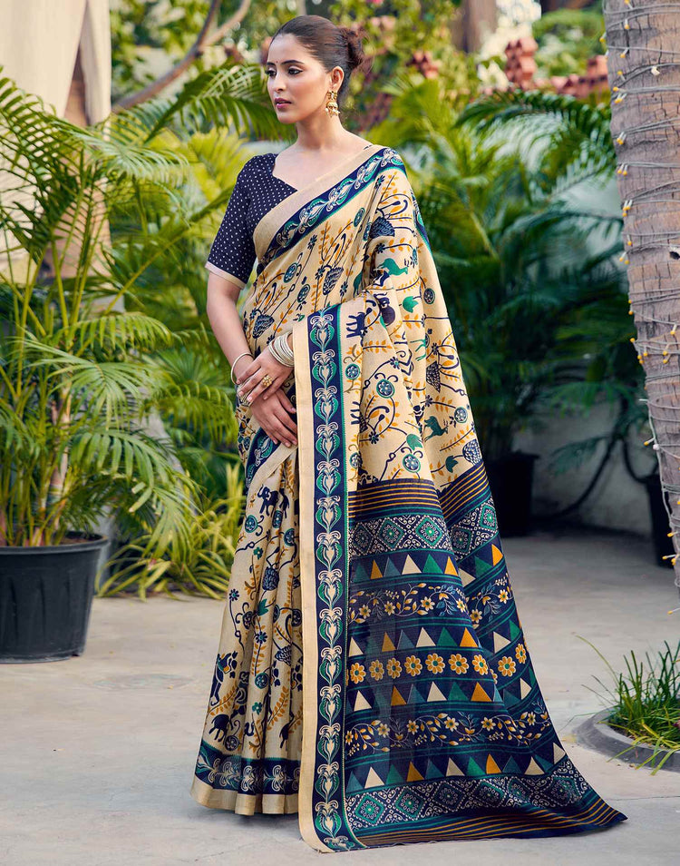 Beige Khadi Printed Kalamkari Saree