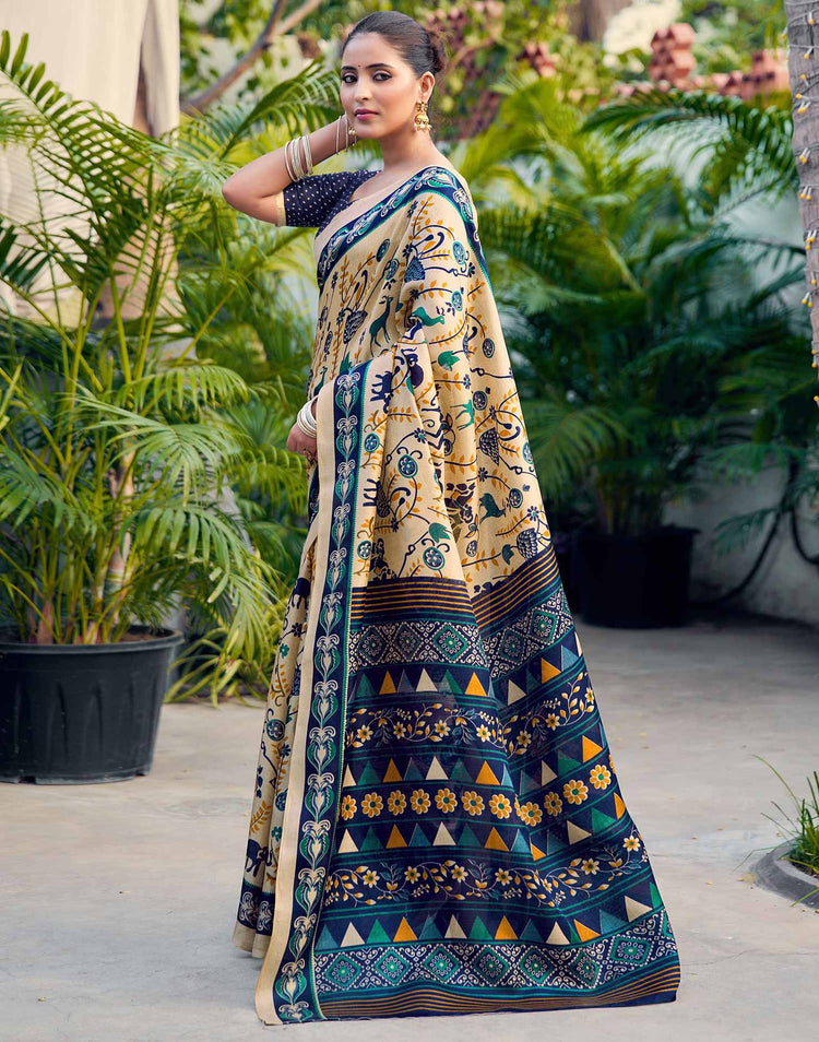 Beige Khadi Printed Kalamkari Saree