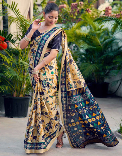 Beige Khadi Printed Kalamkari Saree
