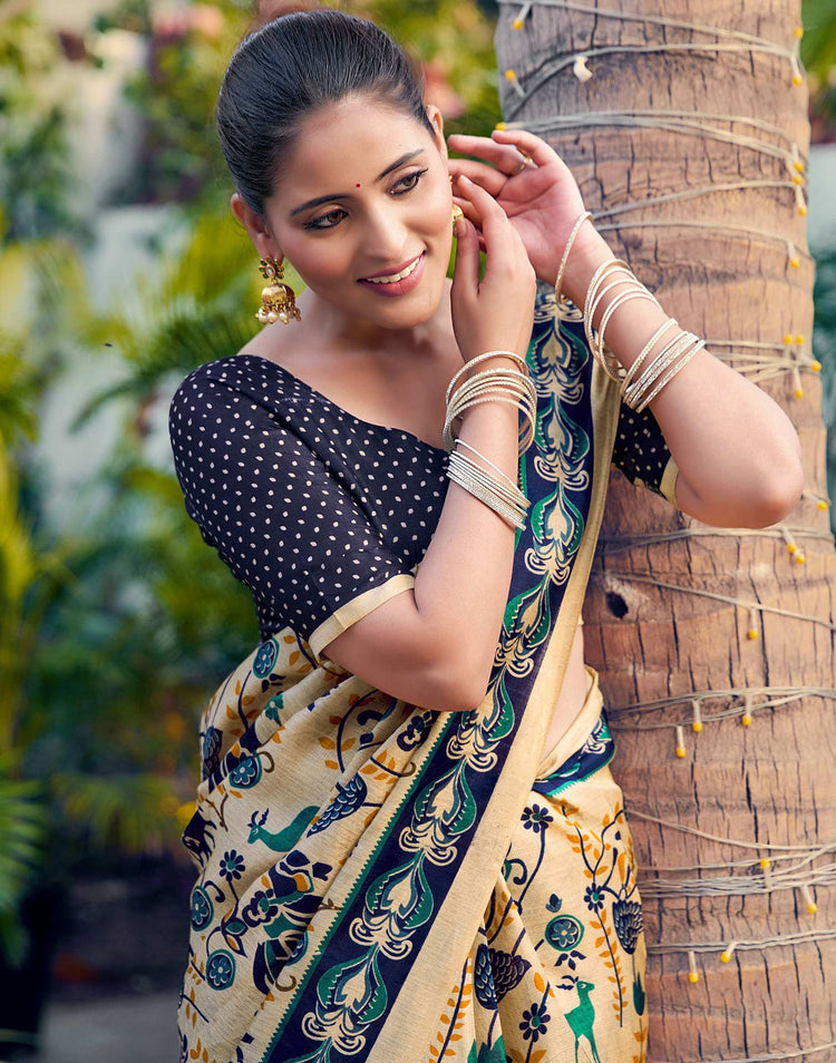 Beige Khadi Printed Kalamkari Saree