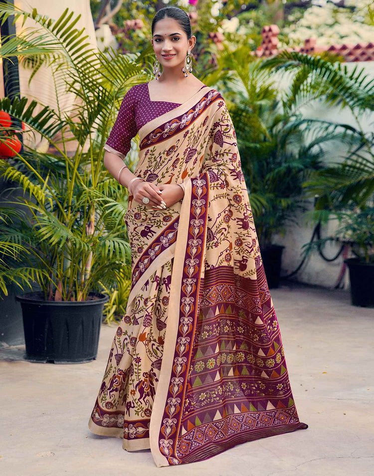 Beige Khadi Printed Kalamkari Saree
