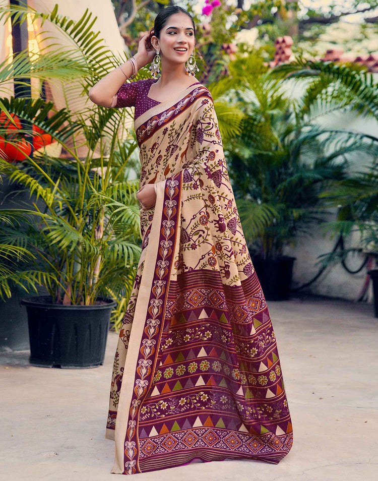 Beige Khadi Printed Kalamkari Saree