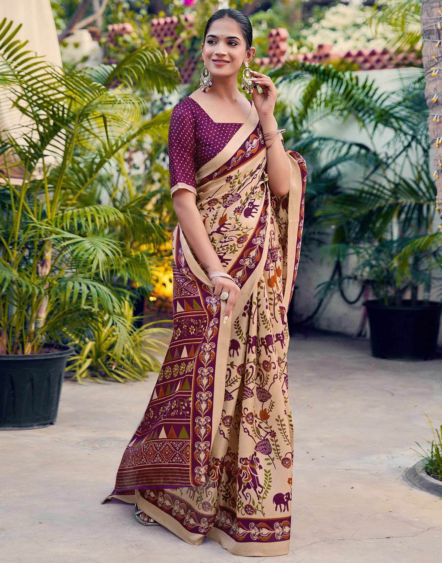 Beige Khadi Printed Kalamkari Saree