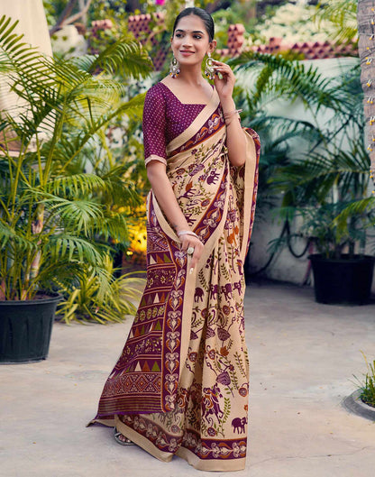 Beige Khadi Printed Kalamkari Saree