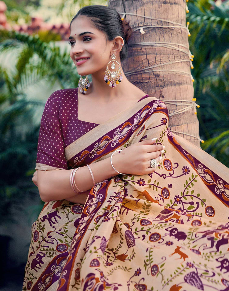 Beige Khadi Printed Kalamkari Saree