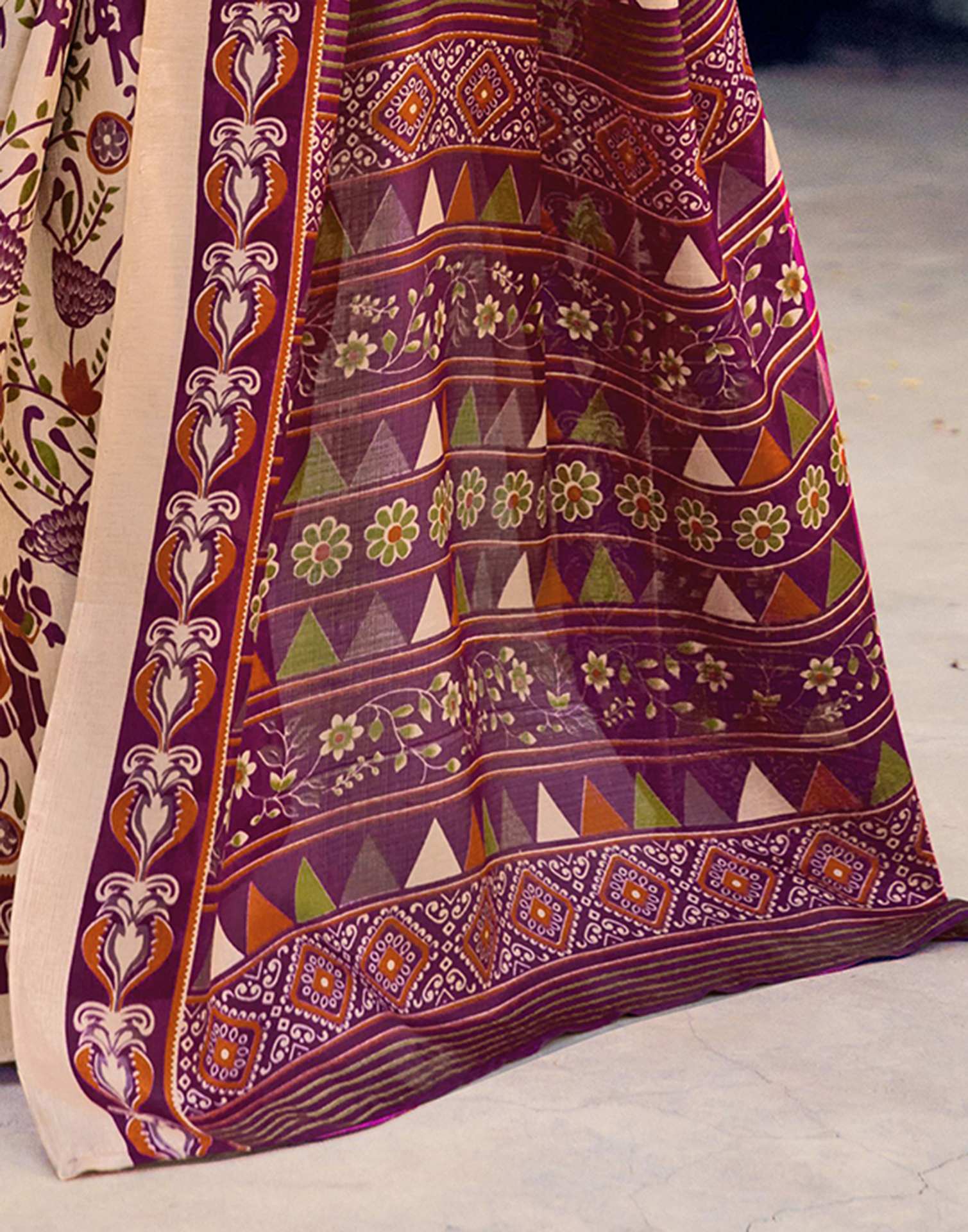 Beige Khadi Printed Kalamkari Saree