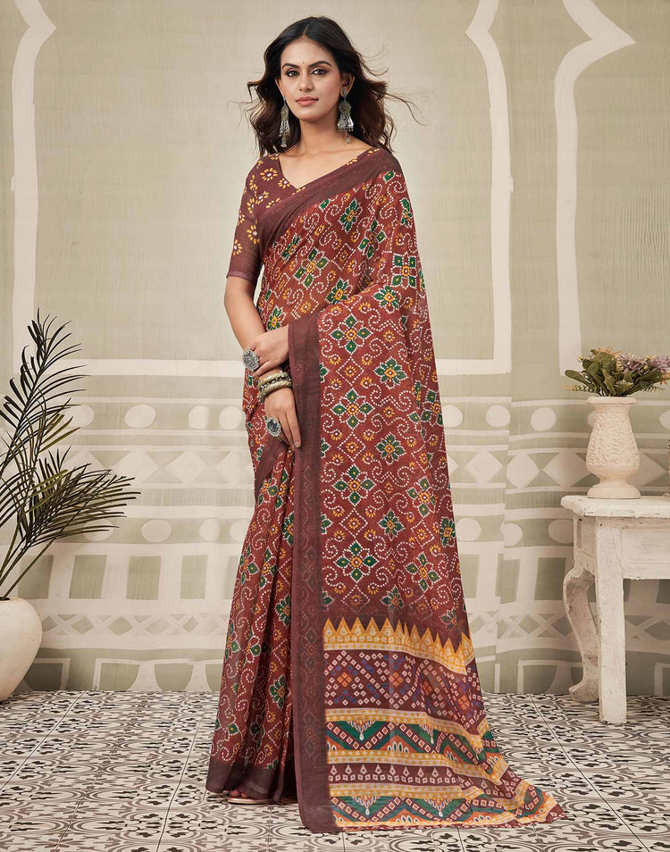 Maroon Linen Bandhani Printed Saree