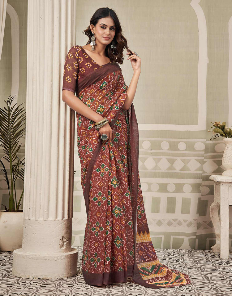 Maroon Linen Bandhani Printed Saree