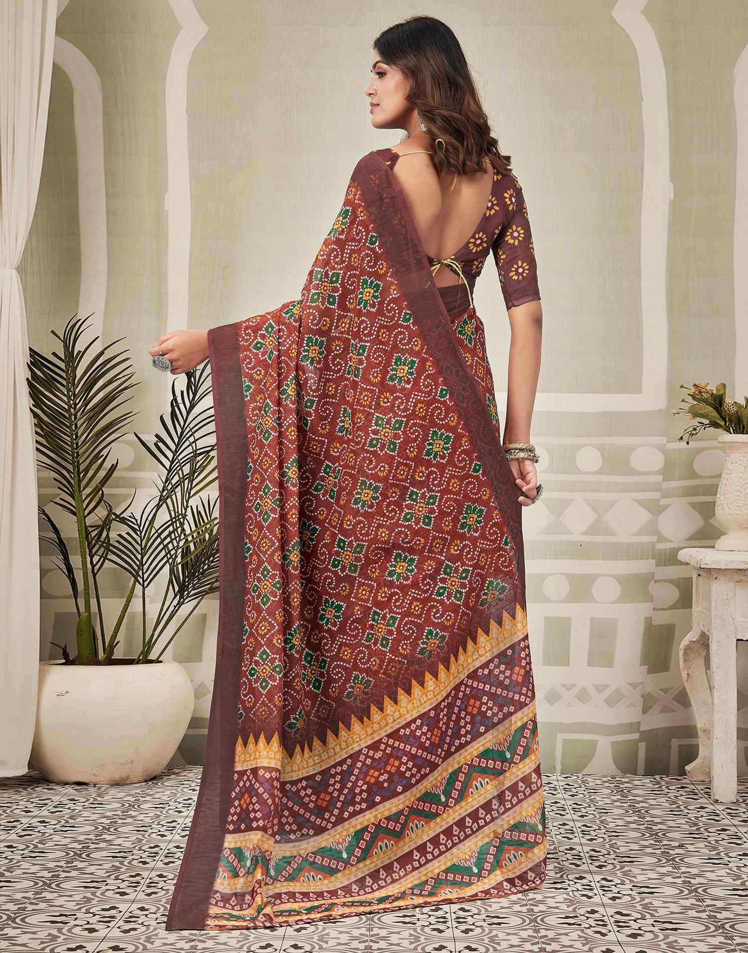 Maroon Linen Bandhani Printed Saree