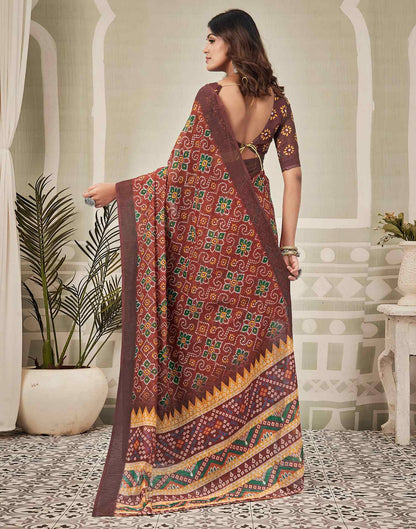 Maroon Linen Bandhani Printed Saree