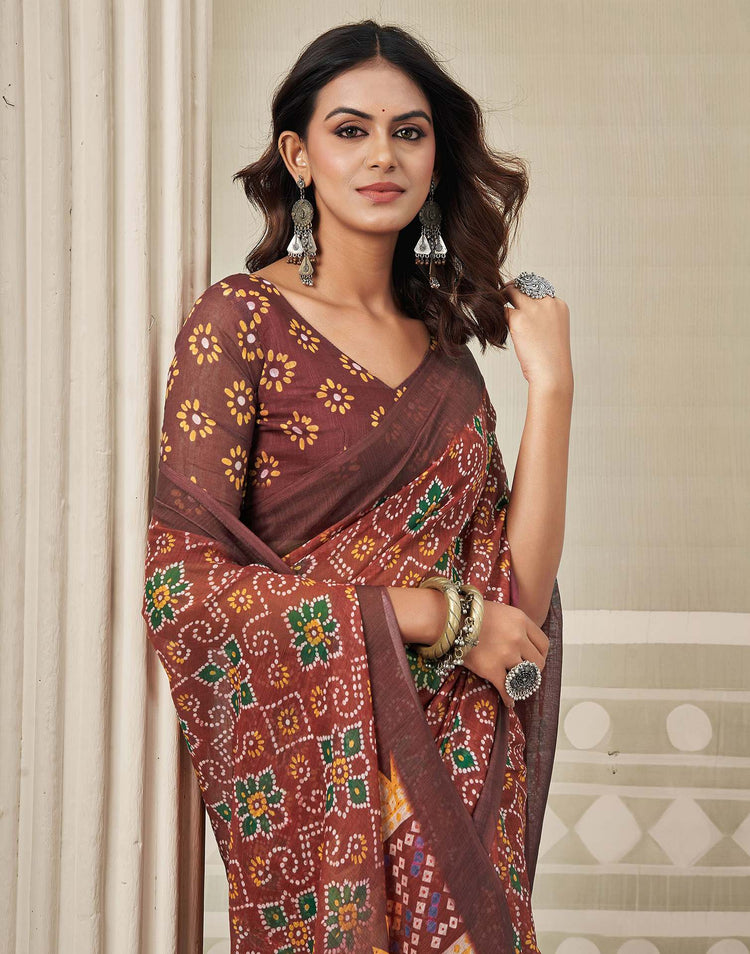 Maroon Linen Bandhani Printed Saree