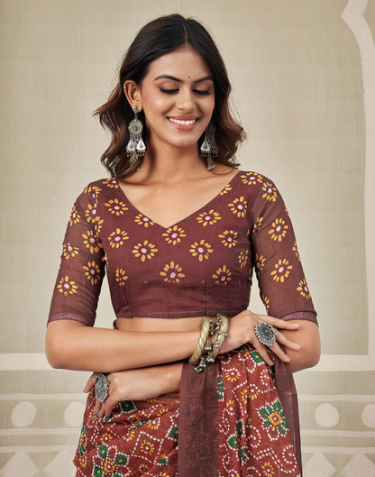 Maroon Linen Bandhani Printed Saree