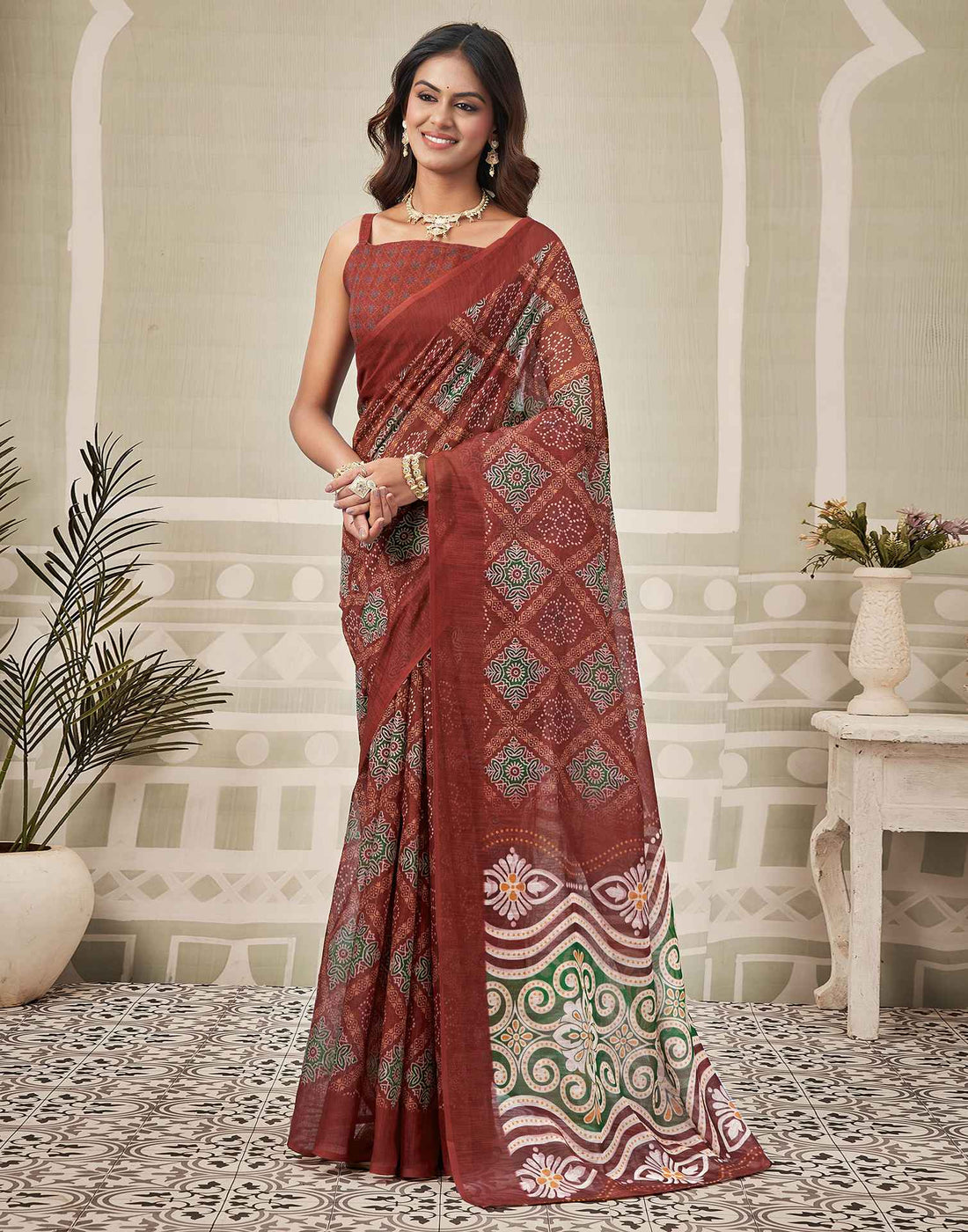 Maroon Linen Printed Saree