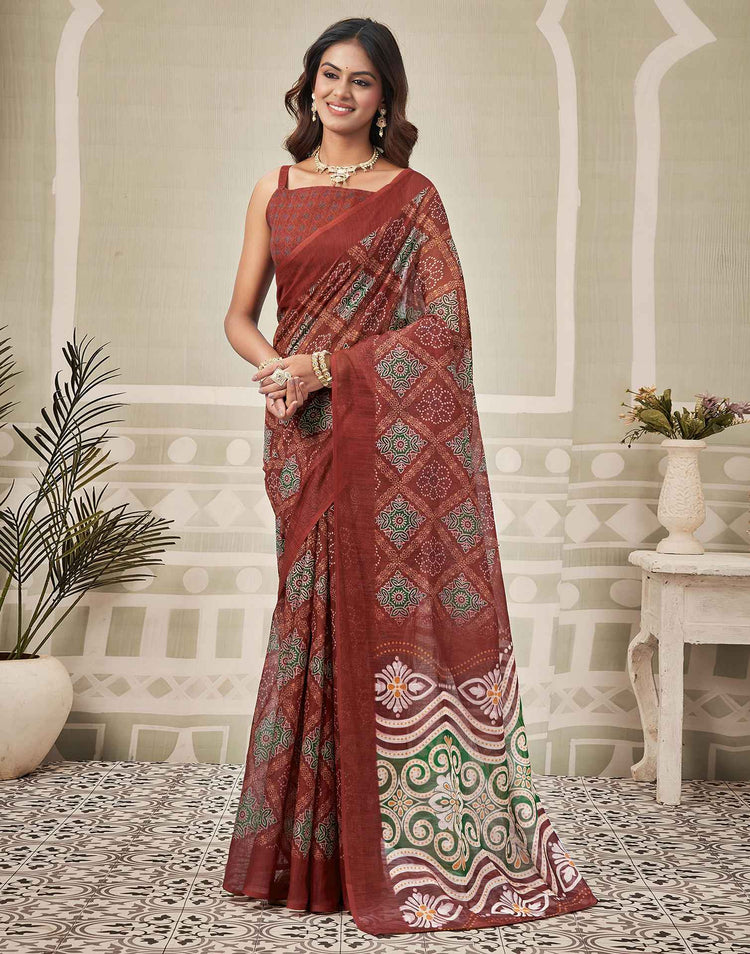 Maroon Linen Printed Saree