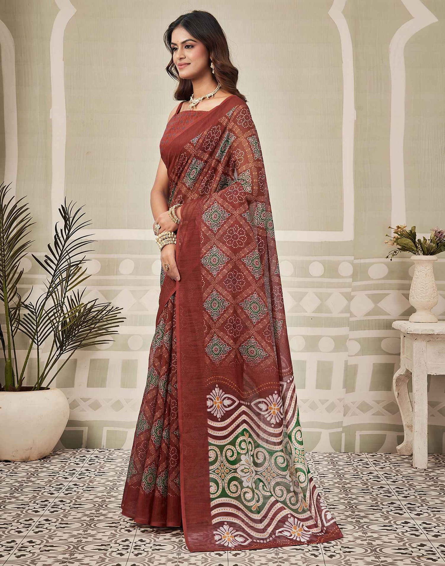 Maroon Linen Printed Saree