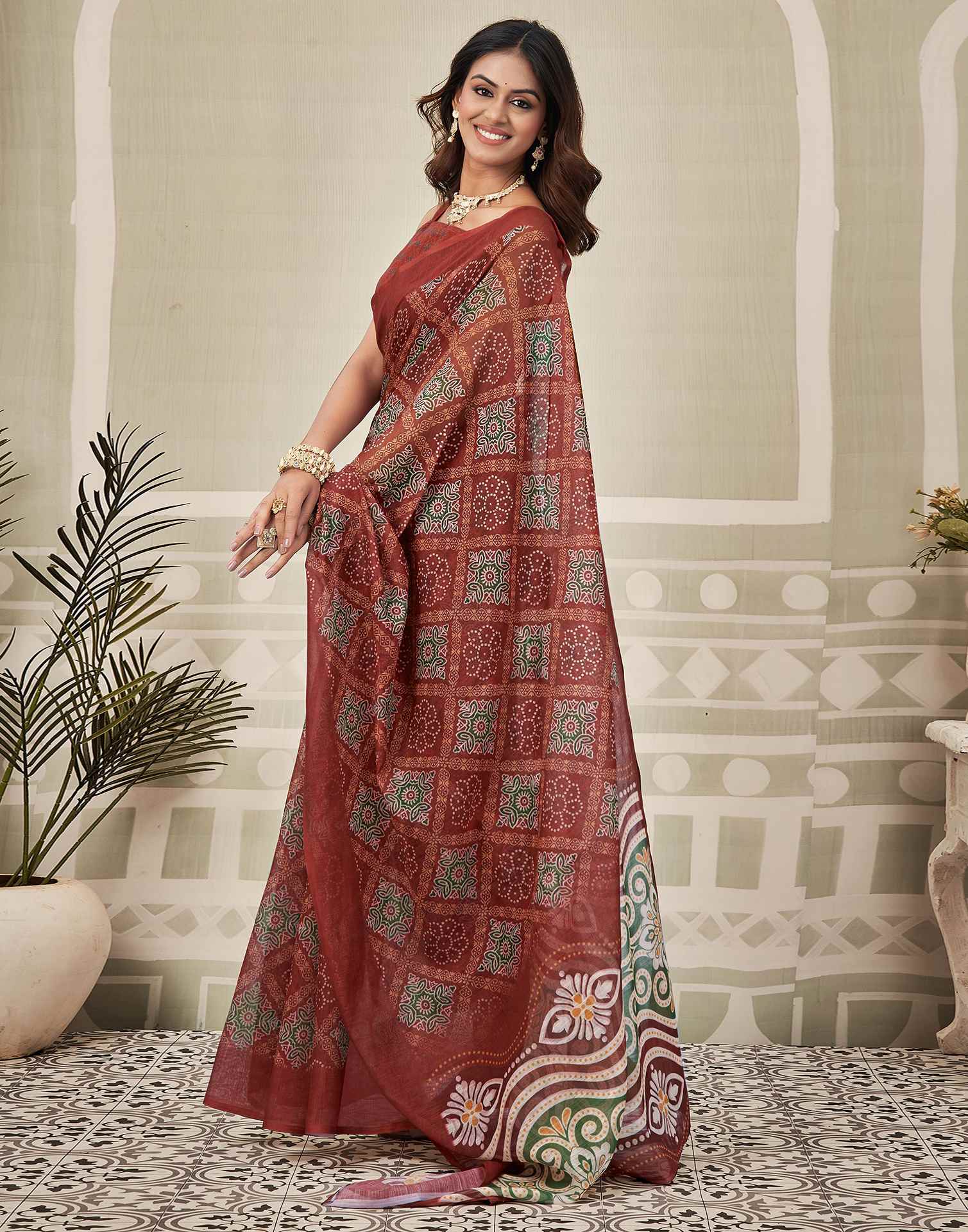 Maroon Linen Printed Saree