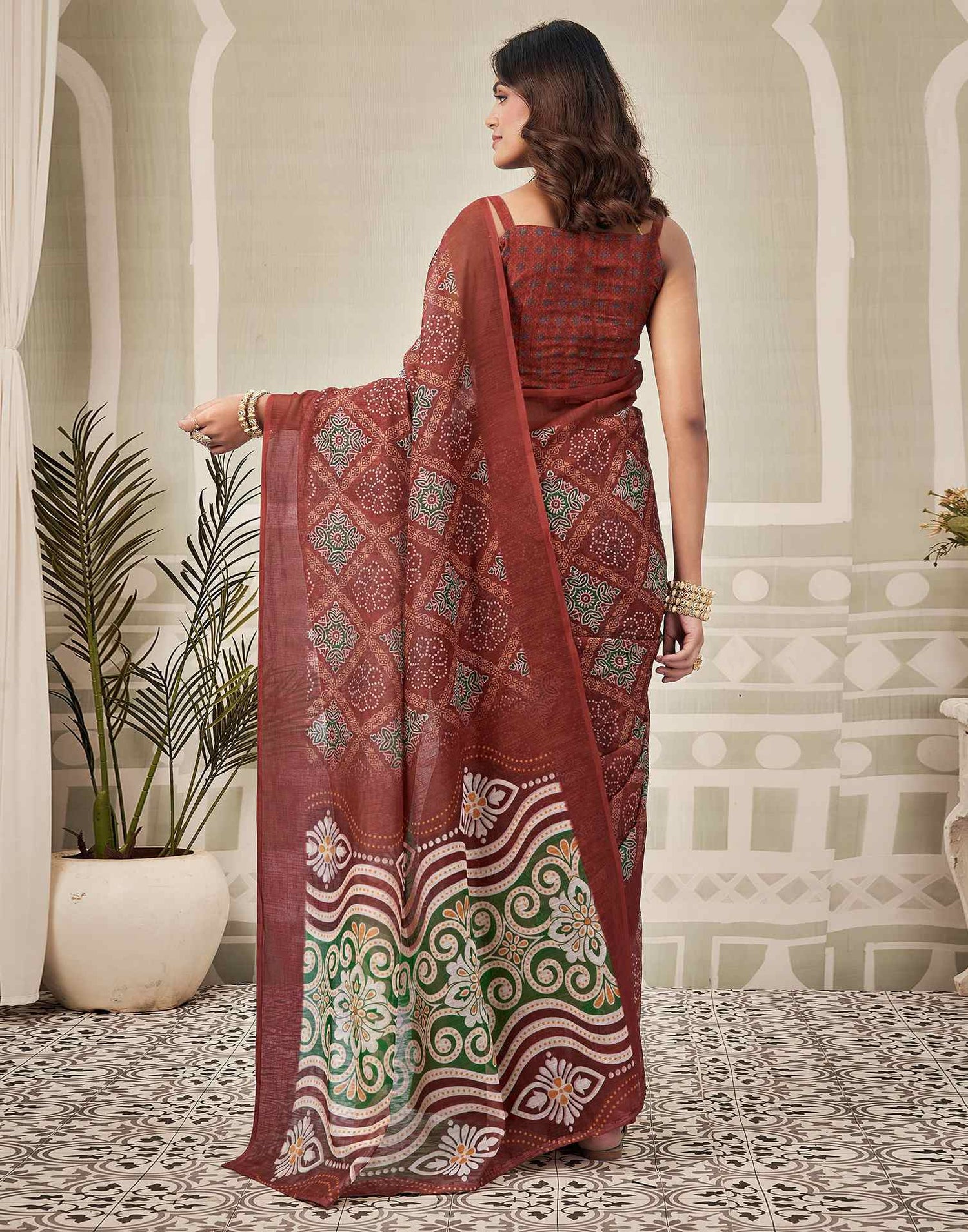 Maroon Linen Printed Saree