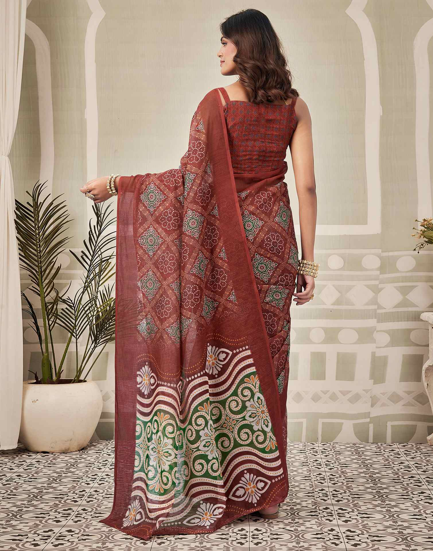 Maroon Linen Printed Saree