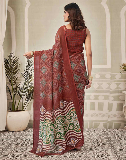 Maroon Linen Printed Saree