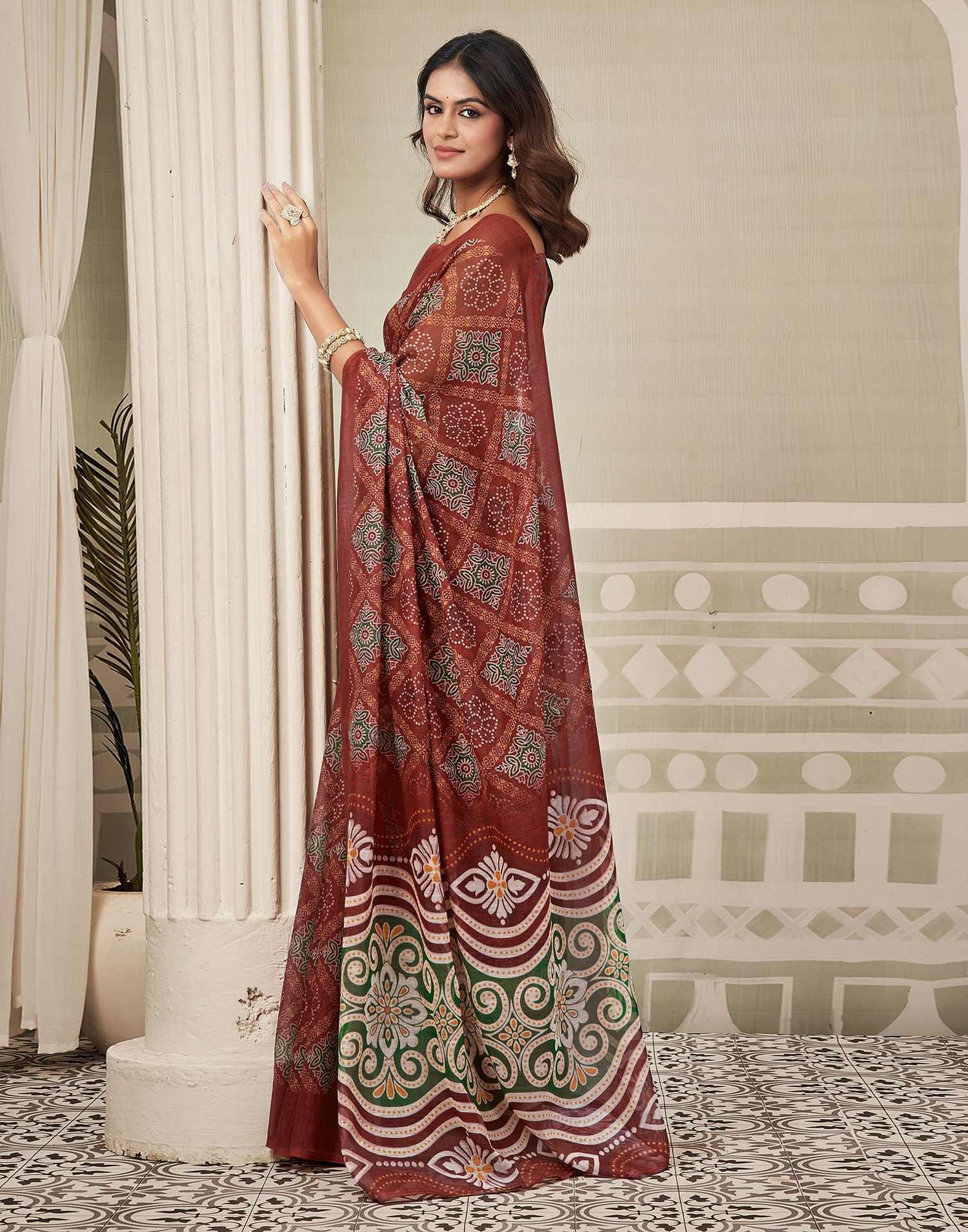 Maroon Linen Printed Saree