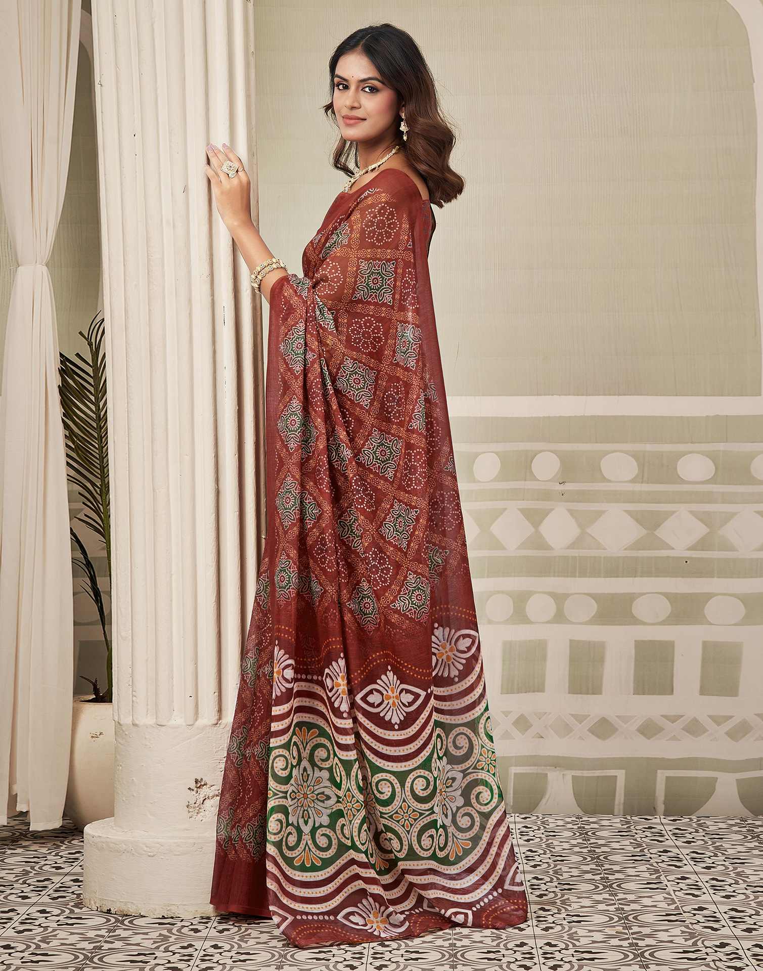 Maroon Linen Printed Saree