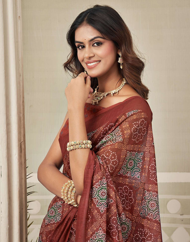 Maroon Linen Printed Saree
