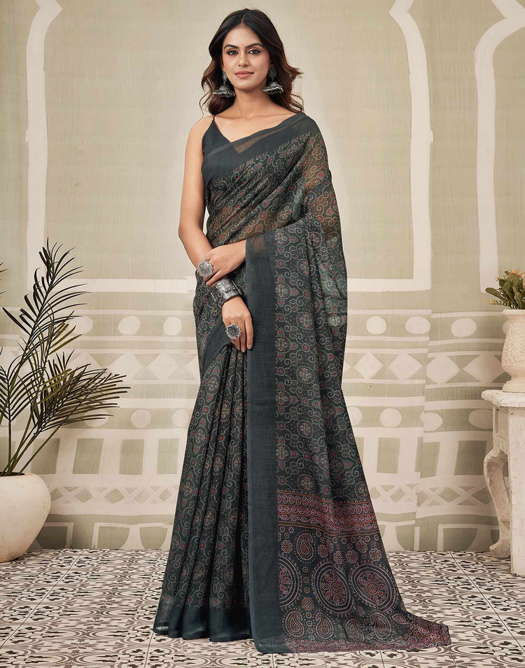 Black Linen Bandhani Printed Saree