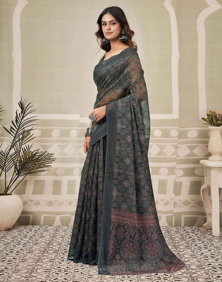 Black Linen Bandhani Printed Saree