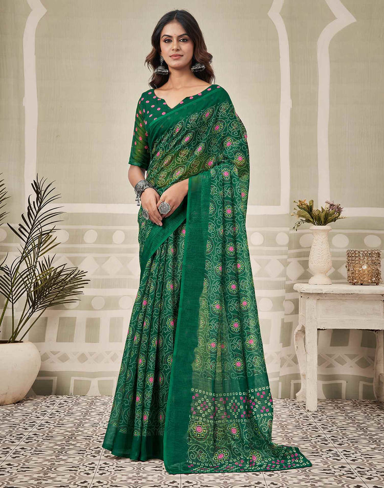 Green Linen Bandhani Printed Saree