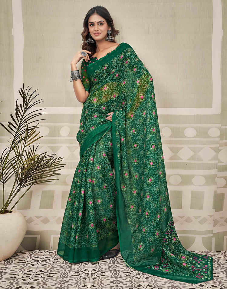 Green Linen Bandhani Printed Saree